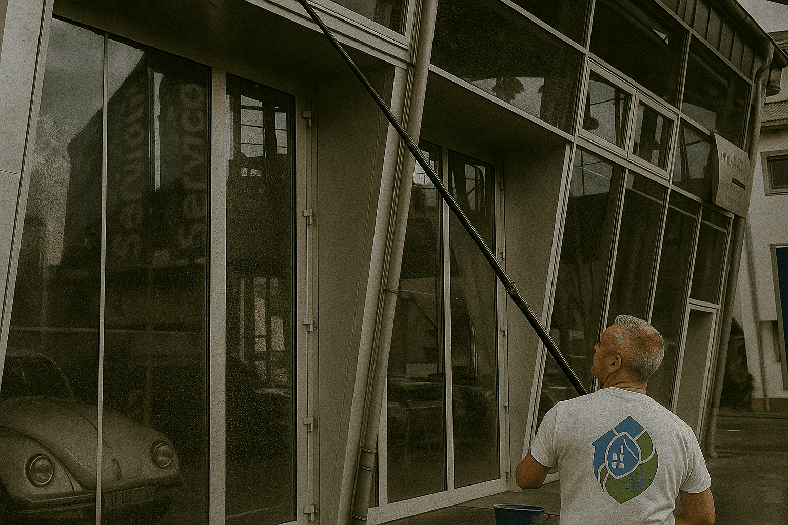 Fensterreinigung an Gewerbefassade - Projektbeginn